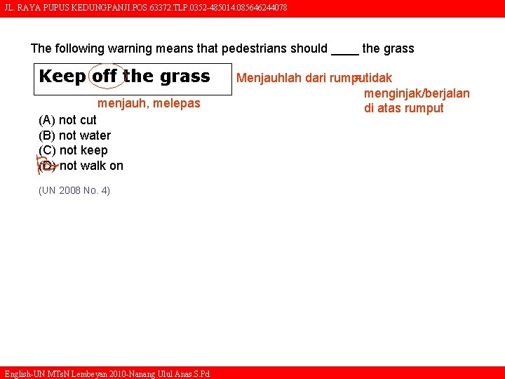 JL. RAYA PUPUS KEDUNGPANJI. POS. 63372. TLP. 0352 -485014. 085646244078 The following warning means