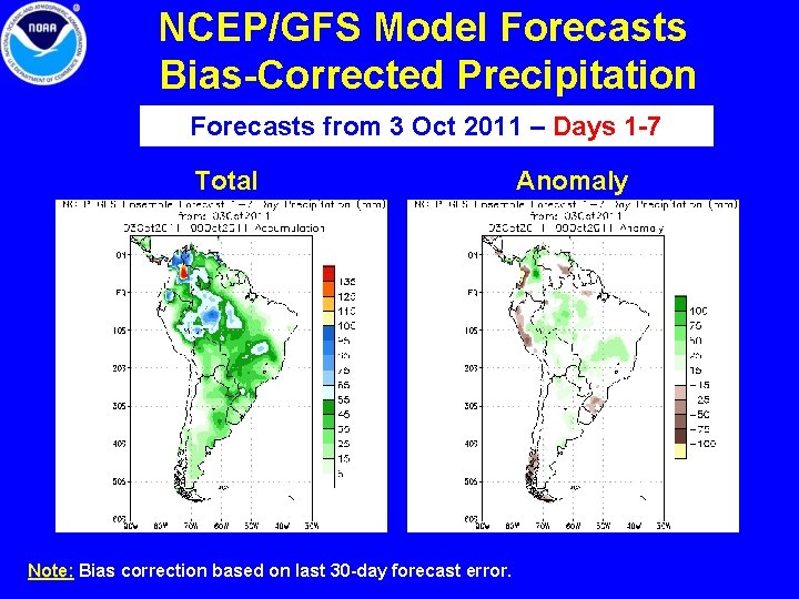 NCEP/GFS Model Forecasts Bias-Corrected Precipitation Forecasts from 3 Oct 2011 – Days 1 -7