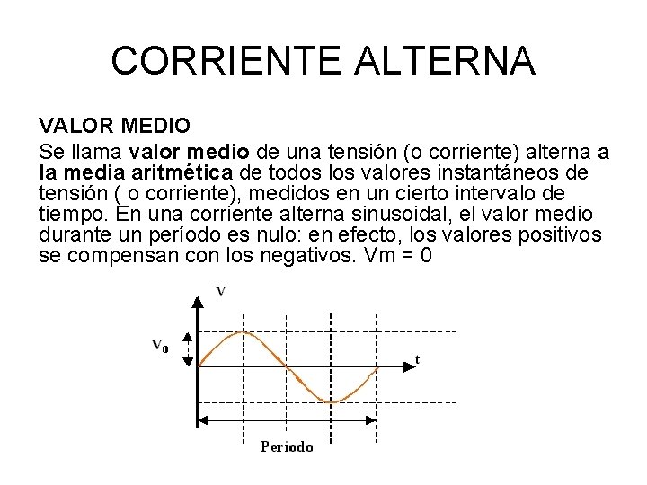 CORRIENTE ALTERNA VALOR MEDIO Se llama valor medio de una tensión (o corriente) alterna