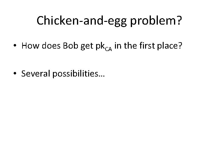 Chicken-and-egg problem? • How does Bob get pk. CA in the first place? •