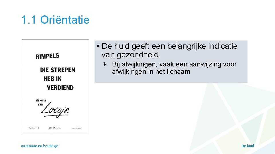 1. 1 Oriëntatie § De huid geeft een belangrijke indicatie van gezondheid. Ø Bij