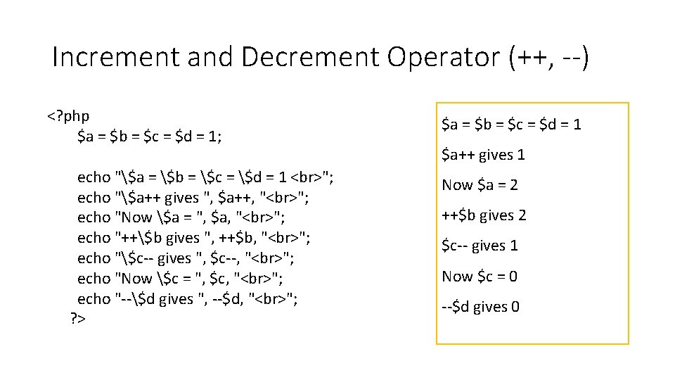 Increment and Decrement Operator (++, --) <? php $a = $b = $c =
