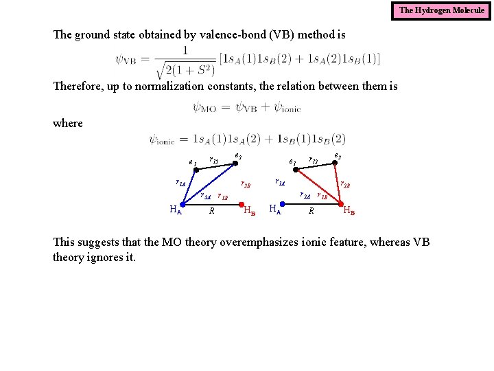 The Hydrogen Molecule The ground state obtained by valence-bond (VB) method is Therefore, up