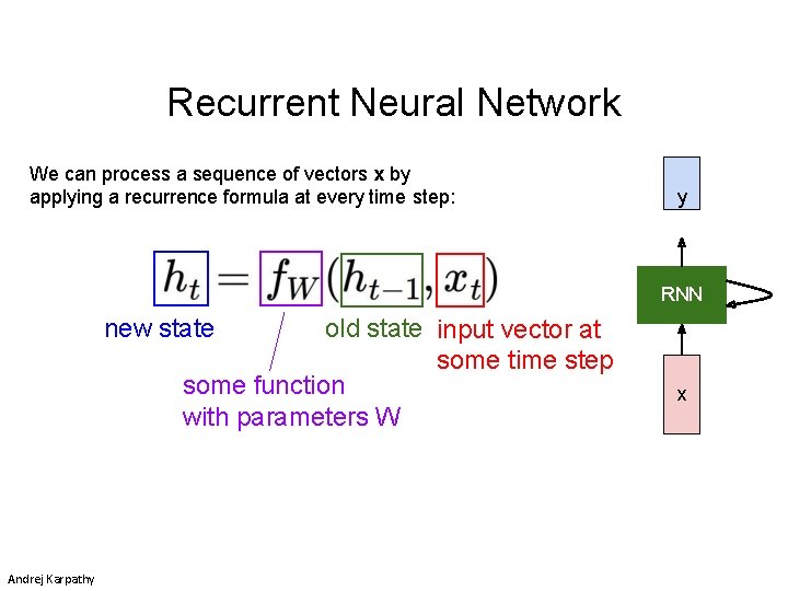 Recurrent Neural Network We can process a sequence of vectors x by applying a