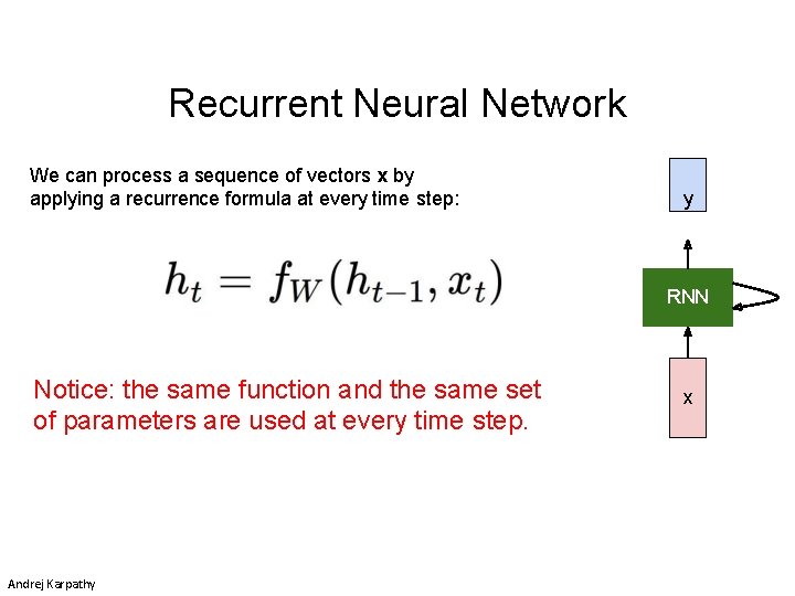 Recurrent Neural Network We can process a sequence of vectors x by applying a