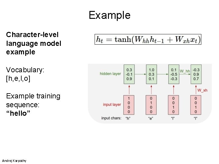 Example Character-level language model example Vocabulary: [h, e, l, o] Example training sequence: “hello”