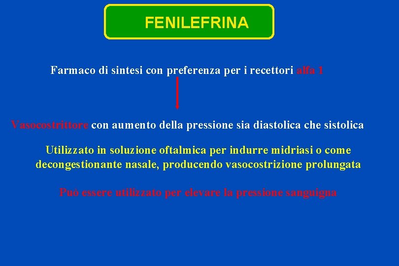 FENILEFRINA Farmaco di sintesi con preferenza per i recettori alfa 1 Vasocostrittore con aumento