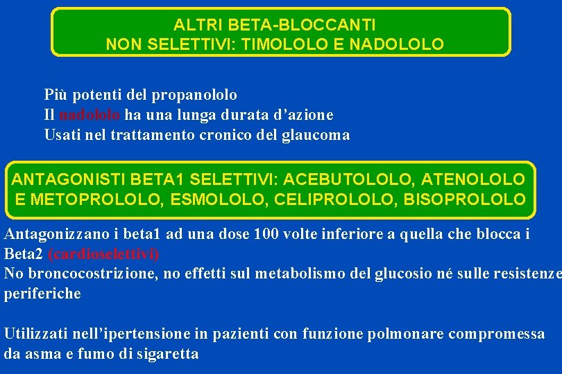 ALTRI BETA-BLOCCANTI NON SELETTIVI: TIMOLOLO E NADOLOLO Più potenti del propanololo Il nadololo ha