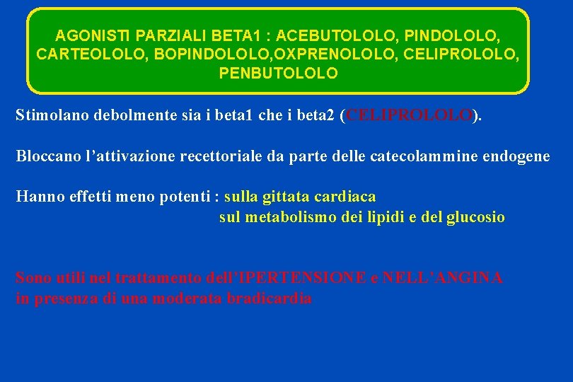 AGONISTI PARZIALI BETA 1 : ACEBUTOLOLO, PINDOLOLO, CARTEOLOLO, BOPINDOLOLO, OXPRENOLOLO, CELIPROLOLO, PENBUTOLOLO Stimolano debolmente