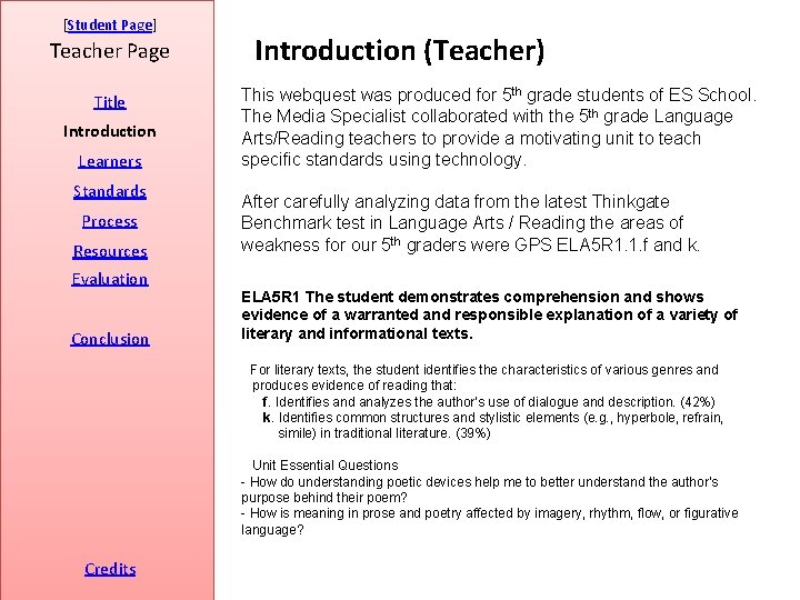 [Student Page] Teacher Page Title Introduction Learners Standards Process Resources Evaluation Conclusion Introduction (Teacher)