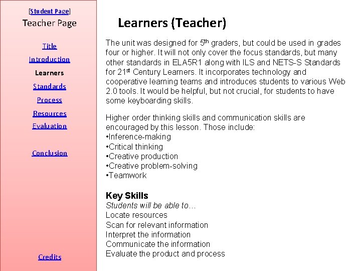 [Student Page] Teacher Page Title Introduction Learners Standards Process Resources Evaluation Conclusion Learners (Teacher)