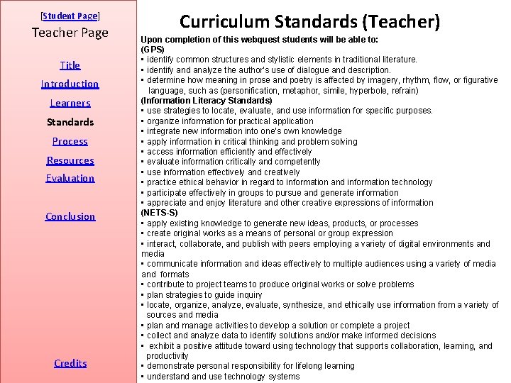 [Student Page] Teacher Page Title Introduction Learners Standards Process Resources Evaluation Conclusion Credits Curriculum