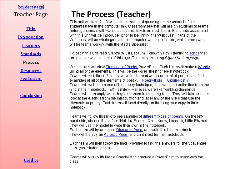 [Student Page] Teacher Page Title Introduction Learners Standards Process Resources Evaluation Conclusion The Process