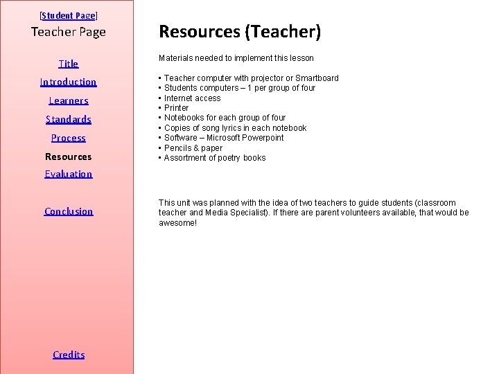 [Student Page] Teacher Page Title Introduction Learners Standards Process Resources (Teacher) Materials needed to