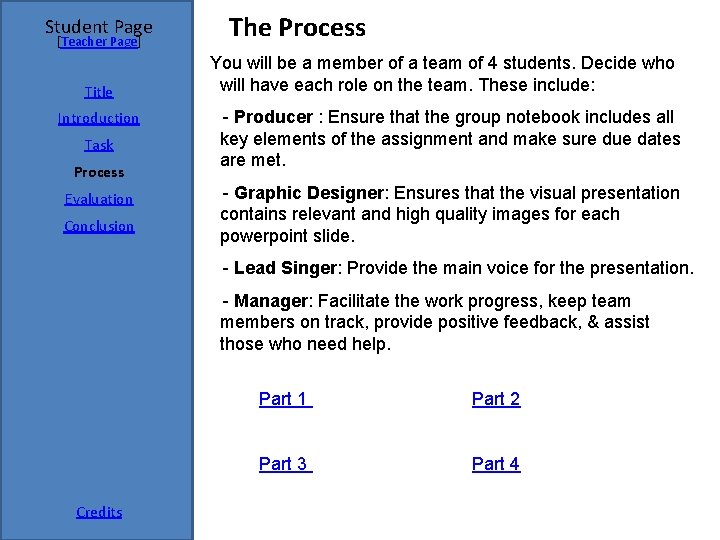 Student Page [Teacher Page] The Process You will be a member of a team