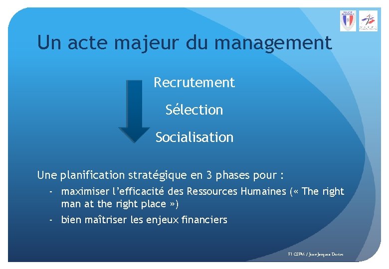Un acte majeur du management Recrutement Sélection Socialisation Une planification stratégique en 3 phases