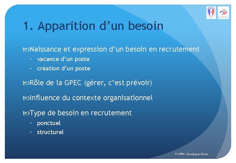 1. Apparition d’un besoin Naissance et expression d’un besoin en recrutement - vacance d’un
