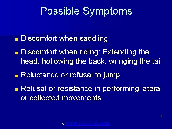 Possible Symptoms ■ Discomfort when saddling ■ Discomfort when riding: Extending the head, hollowing