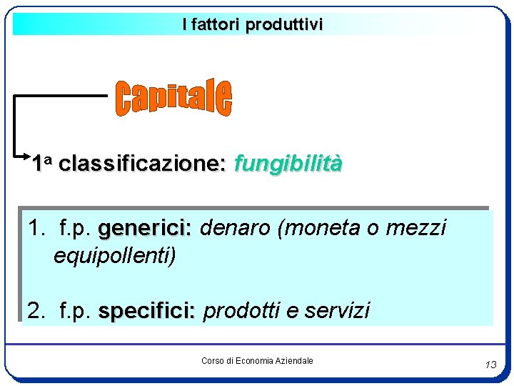 I fattori produttivi 1 a classificazione: fungibilità 1. f. p. generici: denaro (moneta o