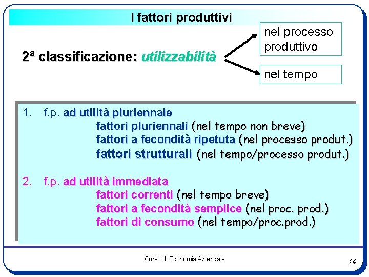 I fattori produttivi 2 a classificazione: utilizzabilità nel processo produttivo nel tempo 1. f.
