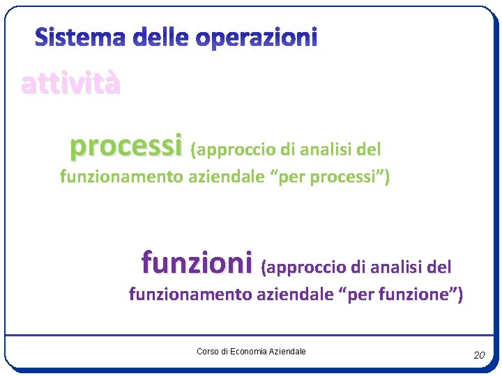 Sistema delle operazioni attività processi (approccio di analisi del funzionamento aziendale “per processi”) funzioni