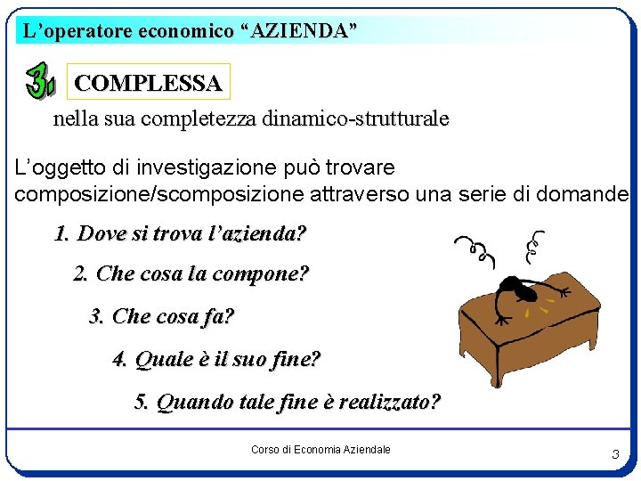 L’operatore economico “AZIENDA” COMPLESSA nella sua completezza dinamico-strutturale L’oggetto di investigazione può trovare composizione/scomposizione