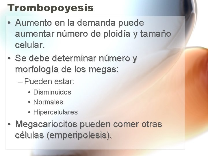 Trombopoyesis • Aumento en la demanda puede aumentar número de ploidía y tamaño celular. Trombopoyesis • Aumento en la demanda puede aumentar número de ploidía y tamaño celular.