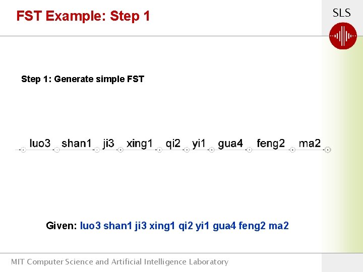 FST Example: Step 1: Generate simple FST Given: luo 3 shan 1 ji 3