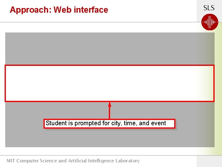 Approach: Web interface Student is prompted for city, time, and event MIT Computer Science