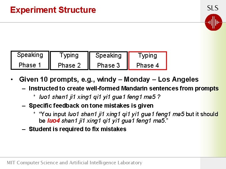 SLS Experiment Structure Speaking Typing Phase 1 Phase 2 Phase 3 Phase 4 •