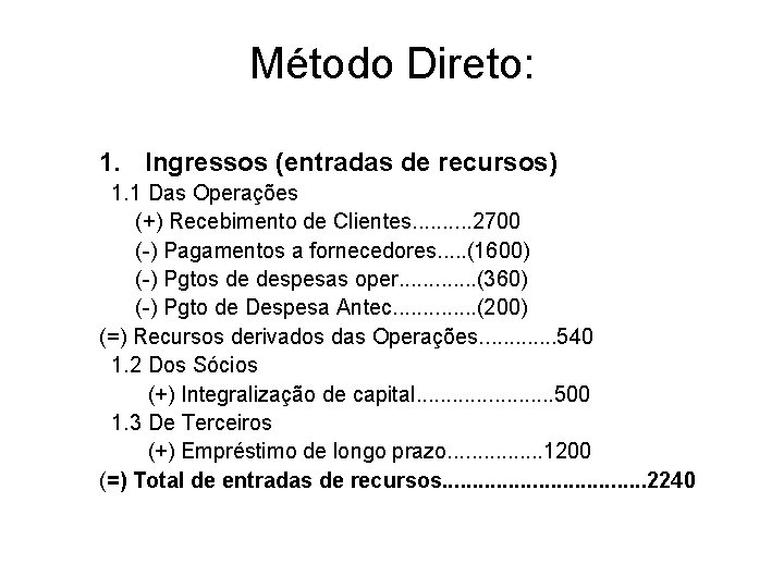 Método Direto: 1. Ingressos (entradas de recursos) 1. 1 Das Operações (+) Recebimento de