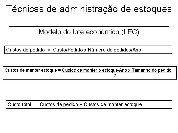 Técnicas de administração de estoques Modelo do lote econômico (LEC) Custos de pedido =