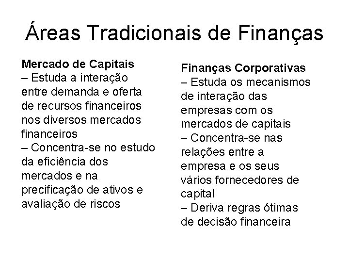 Áreas Tradicionais de Finanças Mercado de Capitais – Estuda a interação entre demanda e