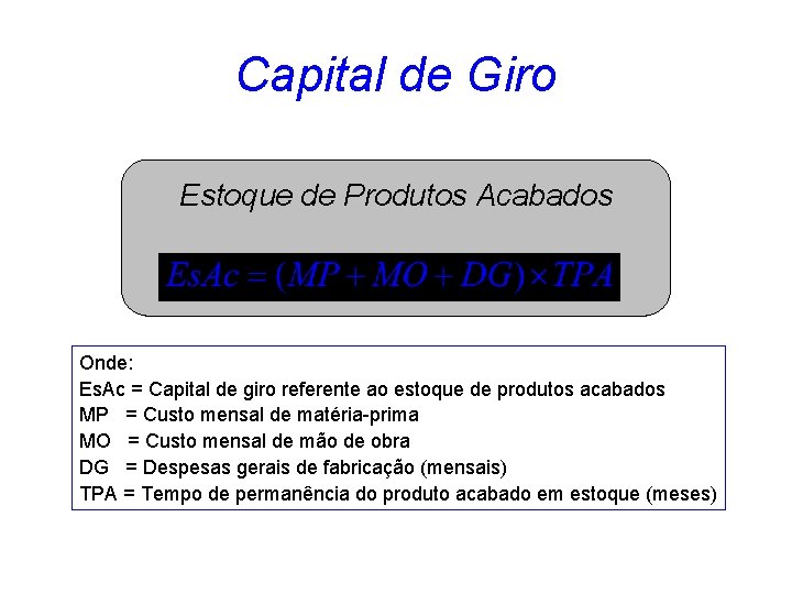 Capital de Giro Estoque de Produtos Acabados Onde: Es. Ac = Capital de giro