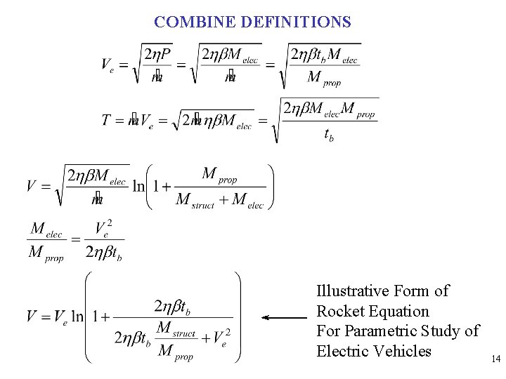 COMBINE DEFINITIONS Illustrative Form of Rocket Equation For Parametric Study of Electric Vehicles 14 COMBINE DEFINITIONS Illustrative Form of Rocket Equation For Parametric Study of Electric Vehicles 14
