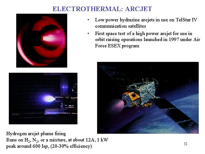 ELECTROTHERMAL: ARCJET • • Low power hydrazine arcjets in use on Tel. Star IV ELECTROTHERMAL: ARCJET • • Low power hydrazine arcjets in use on Tel. Star IV