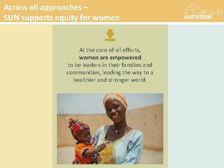 Across all approaches – SUN supports equity for women At the core of all