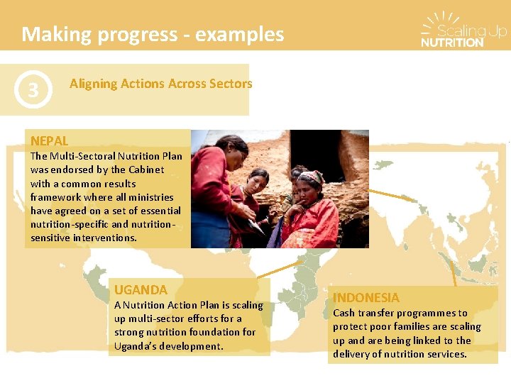 Making progress - examples 3 Aligning Actions Across Sectors NEPAL The Multi-Sectoral Nutrition Plan