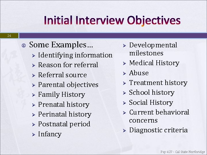 Initial Interview Objectives 24 Some Examples… Ø Ø Ø Ø Ø Identifying information Reason