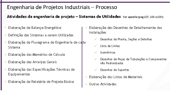 Engenharia de Projetos Industriais – Processo Atividades da engenharia de projeto – Sistemas de