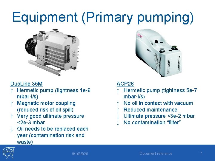 Equipment (Primary pumping) Duo. Line 35 M ↑ Hermetic pump (tightness 1 e-6 mbar·l/s)