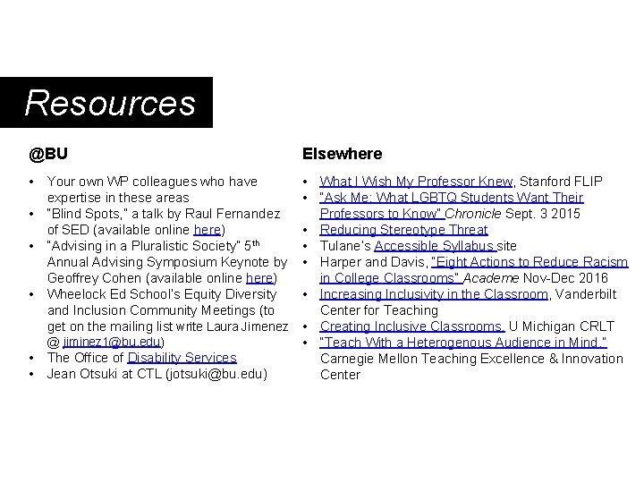  Resources @BU Elsewhere • Your own WP colleagues who have expertise in these