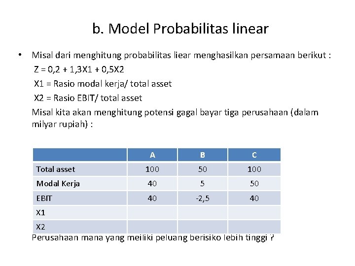 b. Model Probabilitas linear • Misal dari menghitung probabilitas liear menghasilkan persamaan berikut :