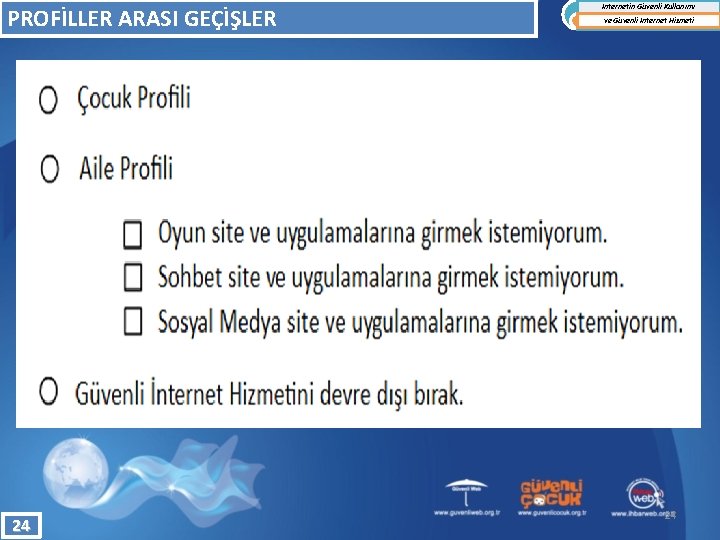 PROFİLLER ARASI GEÇİŞLER 24 İnternetin Güvenli Kullanımı ve Güvenli İnternet Hizmeti 24 