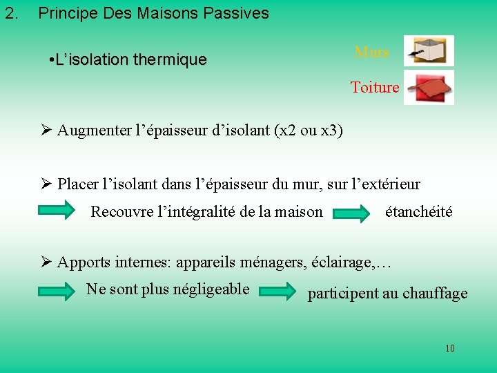 2. Principe Des Maisons Passives Murs • L’isolation thermique Toiture Ø Augmenter l’épaisseur d’isolant