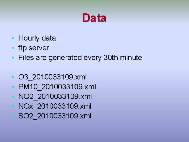 Data • • • Hourly data ftp server Files are generated every 30 th