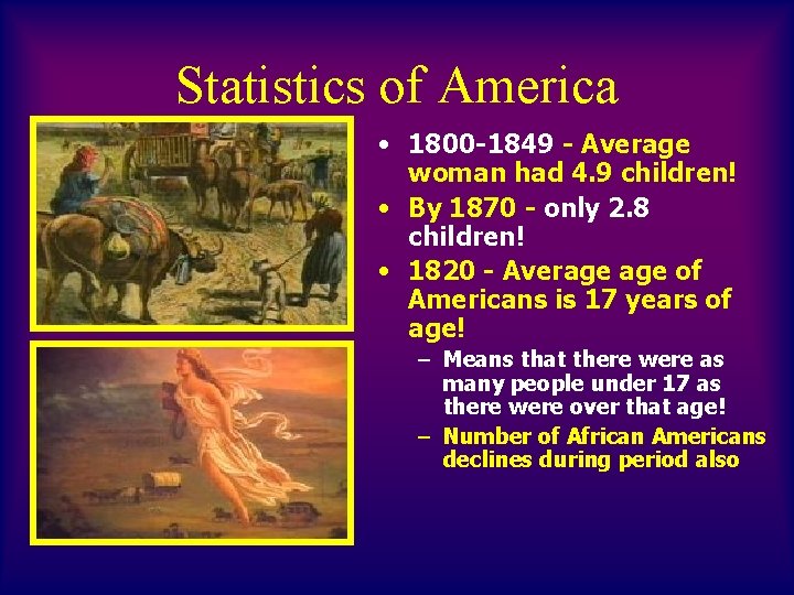 Statistics of America • 1800 -1849 - Average woman had 4. 9 children! •