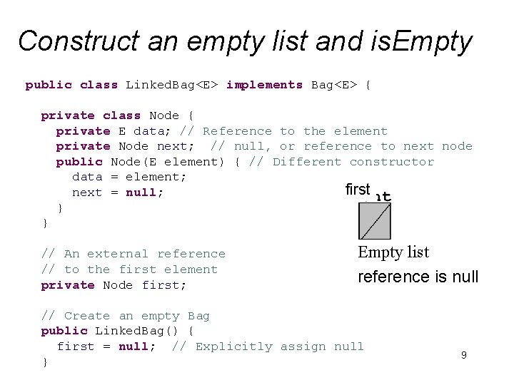 Construct an empty list and is. Empty public class Linked. Bag<E> implements Bag<E> {