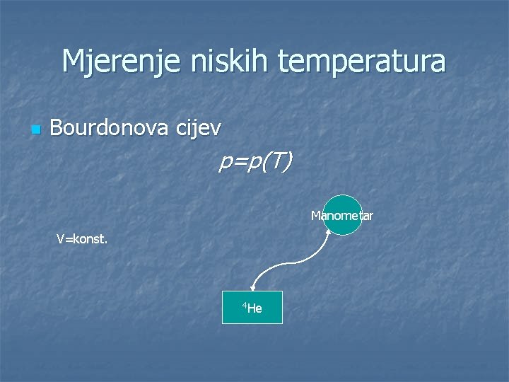 Mjerenje niskih temperatura n Bourdonova cijev p=p(T) Manometar V=konst. 4 He 