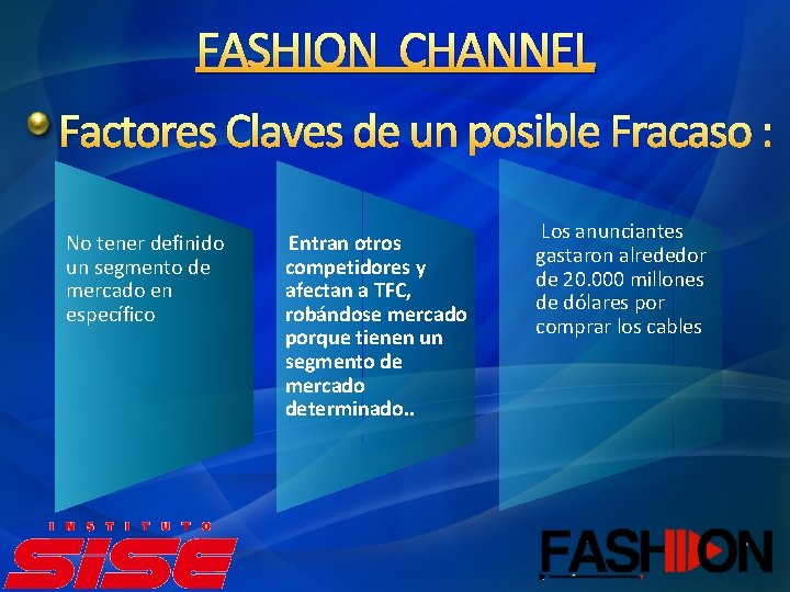 FASHION CHANNEL Factores Claves de un posible Fracaso : No tener definido un segmento